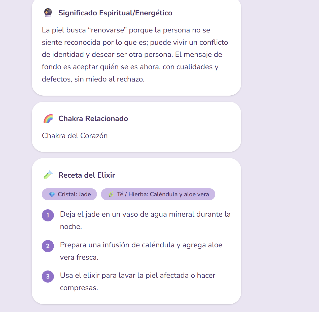 Ficha con significado espiritual, chakra relacionado y receta del elixir dentro de la app
