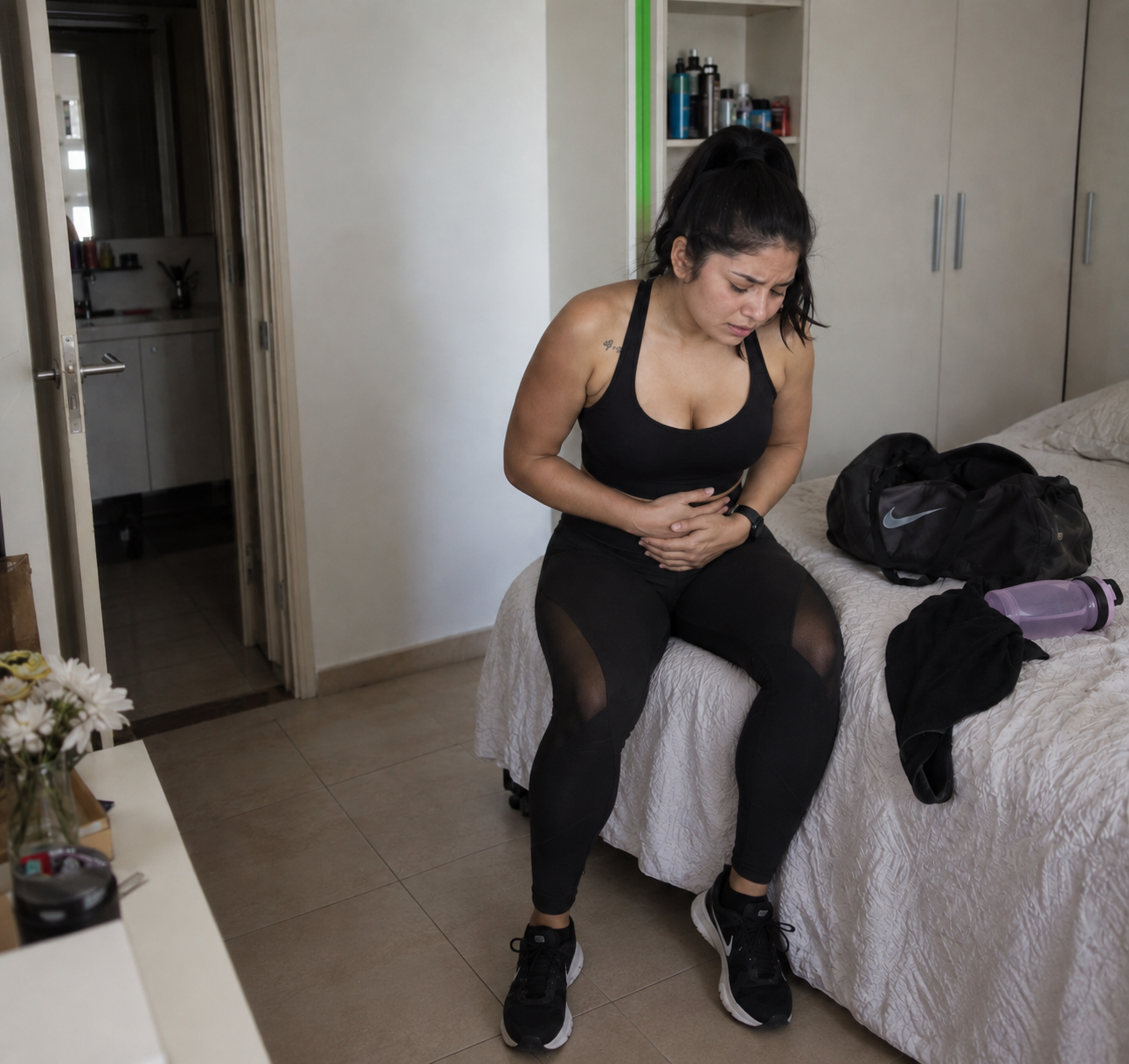 Mujer sentada en la cama con dolor abdominal